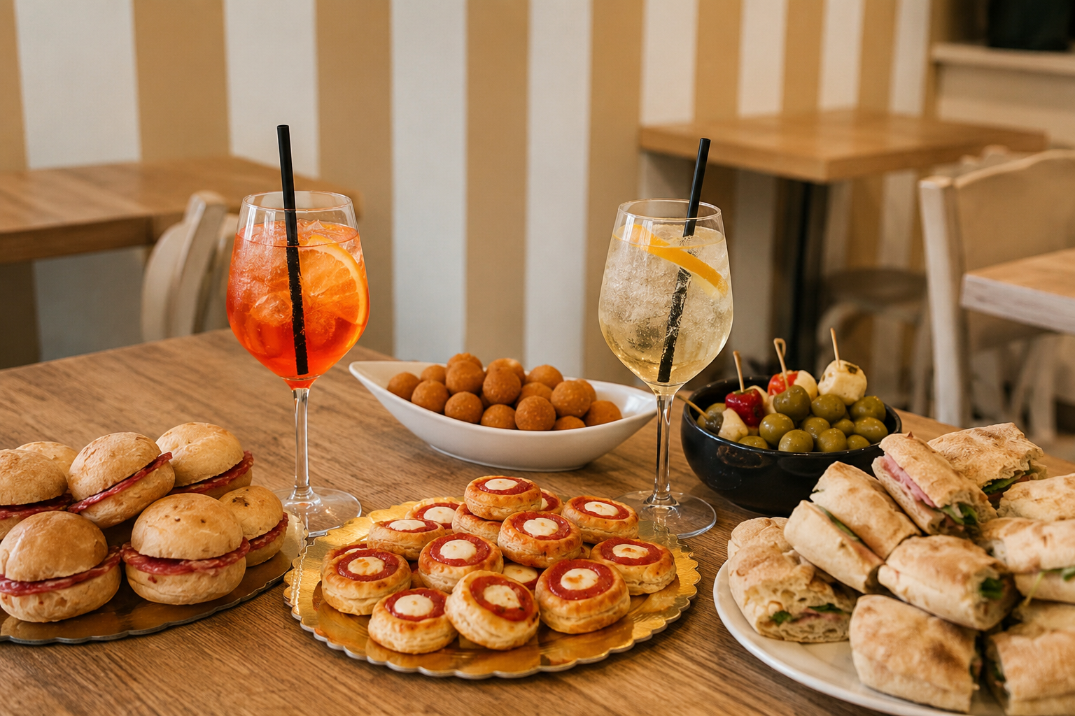 Un tavolo da aperitivo con Spritz, analcolico e stuzzichini