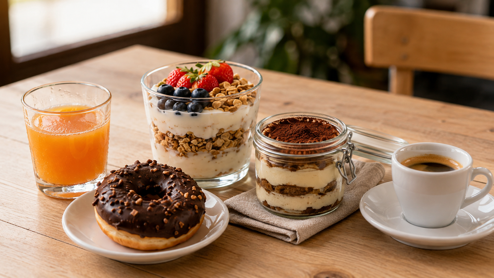 Una colazione del Capoverso con spremuta, donut, yogurt e tiramisù