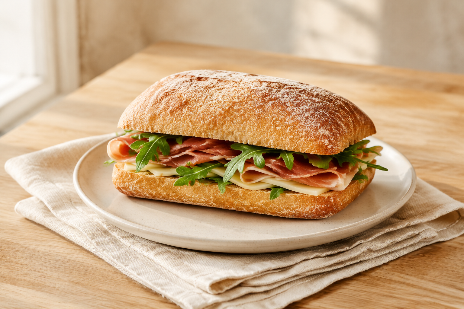 Un panino ciabatta servito su un piatto con un tovagliolo