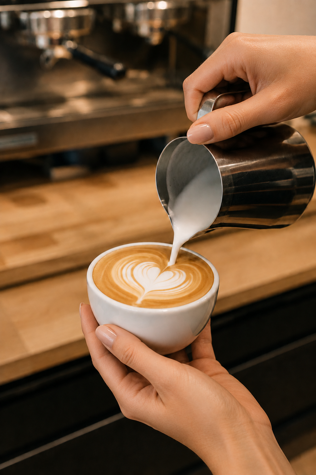Mani che preparano un cappuccino con latte art a forma di cuore